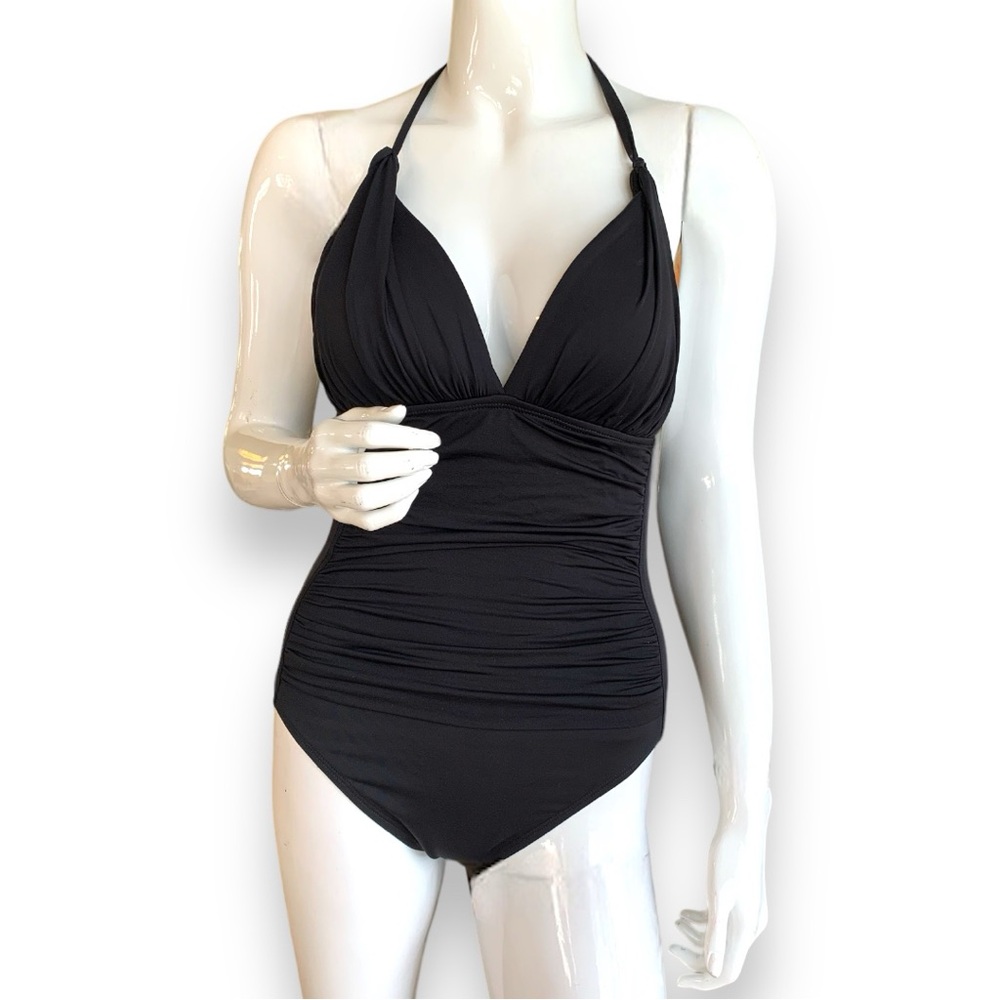 BLACK ONE PIECE PLUNGING NECKLINE HALTER TOP RUCHED SWIMSUIT. WOMEN’S SIZE 8